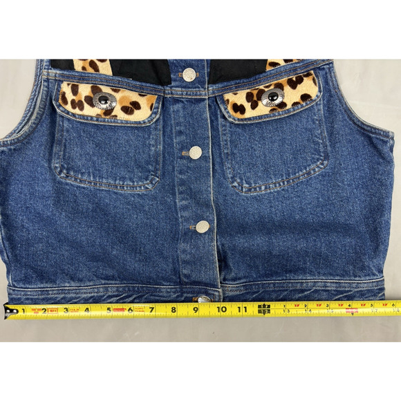 Vintage Y2K Denim & Leather Vest XL Animal Print Leopard Western Cowboy Festival - Picture 5 of 12